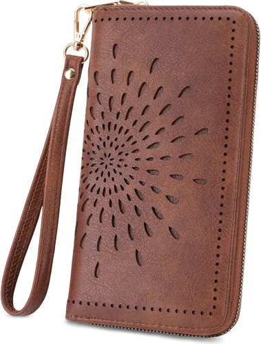 Vista 10 de APHISON Billetera para mujer, gran capacidad, monedero, tarjetero, RFID, pulsera, teléfono, cremallera, moneda, bolsillo de viaje azul