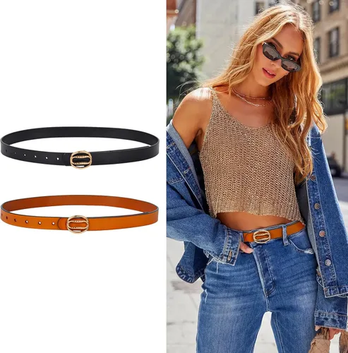 Vista 312 de Cinturón de cuero clásico con hebilla de metal para mujer con vestido de jeans
