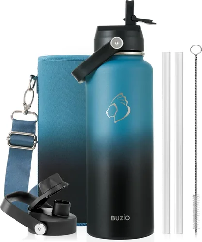 Vista 103 de BUZIO Botella de agua aislada de 24 oz, frasco de agua de boca ancha de acero inoxidable con tapa de pajita, frío durante 48 horas a prueba de Negro