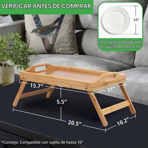 Vista 3 de Artmeer Mesa Bandeja de Cama con Patas Plegables, Bandeja de Desayuno de Bambú con Asas Ideal para Sofá, Cama, Comer, Trabajar, Usada Como Bamboo-2