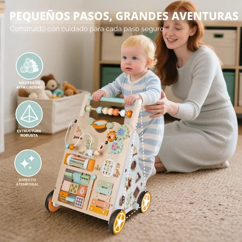 Vista 2 de Andador de madera para bebés, Montessori Push Walker para niños pequeños que aprenden el descubrimiento Multicolor