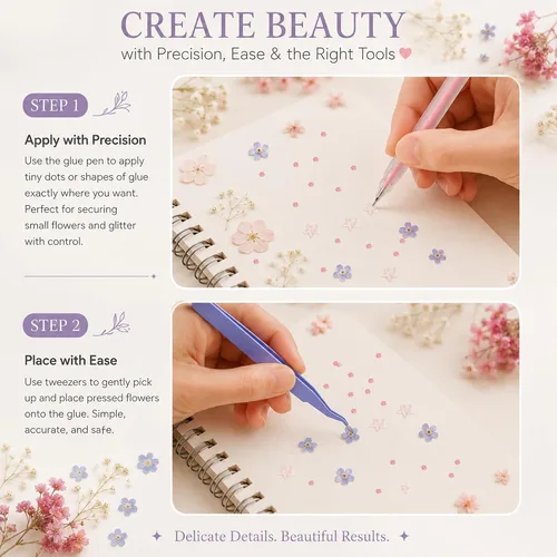 Vista 2 de 95PCS flores secas prensadas para manualidades con pinzas y bolígrafo de pegamento