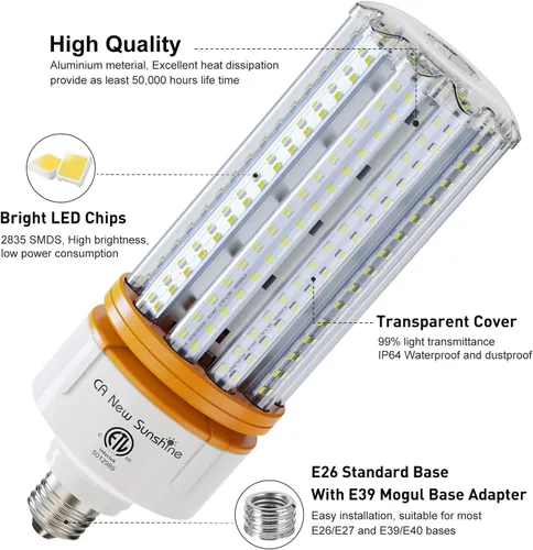 Vista 3 de Bombilla LED tipo mazorca equivalente a 1000 vatios, bombillas LED tipo mazorca de 15000 lúmenes, 5000 K, luz blanca diurna, base E26/E39 media