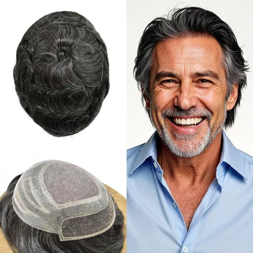 Vista 33 de Toupee - Piezas de pelo para hombres, cabello humano real, sistema de reemplazo de cabello francés, encaje francés, extensiones de cabello