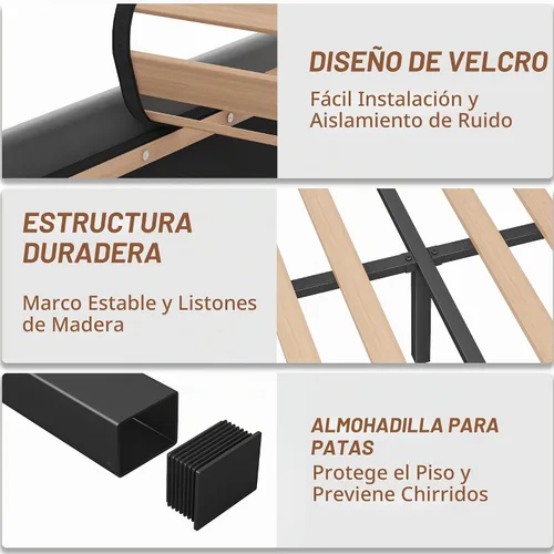 Vista 7 de CypBed Base de cama de tamaño matrimonial con luces LED de cabecero, cama matrimonial tapizada de terciopelo, cama matrimonial con plataforma