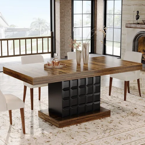 Vista 9 de Tribesigns Mesa de comedor de 63 pulgadas para 4-6, mesa rectangular de madera de granja con relieve geométrico, base de pedestal (café y negro)