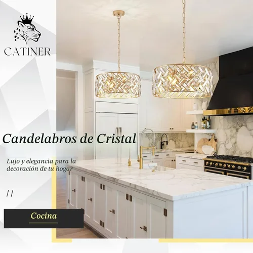 Vista 4 de CATINER - Candelabro de cristal dorado de 18 pulgadas, colgante semiempotrado de 6 luces grande dorado