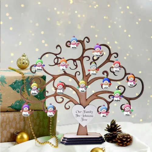 Vista 4 de Árbol genealógico de madera personalizado de muñeco de nieve de Navidad, letrero de árbol de la vida de madera personalizado, letrero de mesa