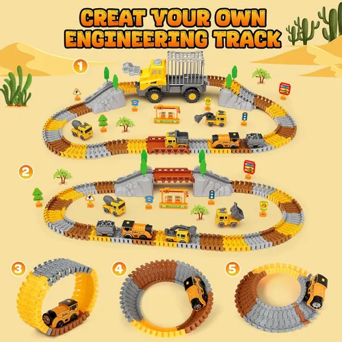 Vista 3 de Pistas de carreras de construcción para niños, 128 piezas de camión de construcción y juego de pista flexible, juguetes de ingeniería, regalos