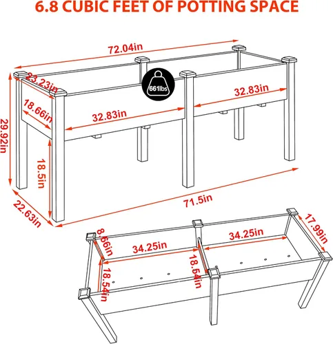 Vista 2 de MUPATER Cama de jardín elevada de 6 x 1.8 pies, maceta elevada de cedro con 8 agujeros de drenaje, espacio para macetas de 6.8 pies cúbicos, camas