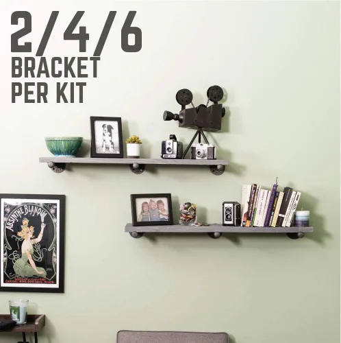 Vista 9 de Pipe Decor Soportes industriales para estantes – Juego de dos, accesorios industriales de acero gris hierro, bridas y tubos para estantes flotantes