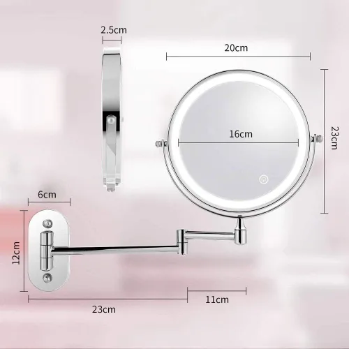 Vista 6 de Espejo de maquillaje con iluminación LED, funciona con pilas, aumento de 1x/10x, 8 pulgadas, luz ajustable con botón táctil, cromo pulido