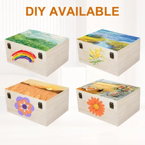 Vista 4 de Caja de madera sin terminar de 12 x 9 x 5 pulgadas, caja de almacenamiento de madera natural Large Craft Stash Boxes, Hinged Lid Front Clasp Case