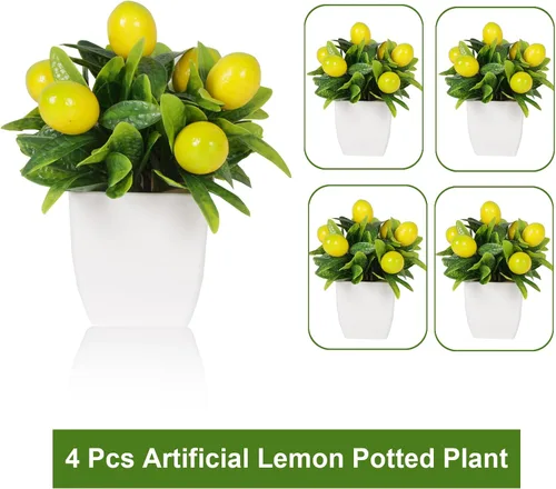Vista 4 de Yoratee 4 plantas de limón artificiales en maceta de frutas falsas de 6 pulgadas, árbol de limones falsos con maceta pequeña, mini planta falsa