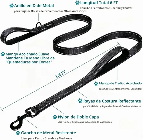 Vista 2 de Correa resistente para perro, 2 asas con asa de tráfico acolchada para control adicional, 6 pies de largo, perfecta para perros medianos a grandes