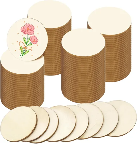 Vista 11 de 100 piezas de círculos de madera sin terminar - disco redondo de 1 pulgada en blanco, adornos de madera natural cortados para decoración