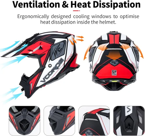 Vista 6 de VCOROS H637 - Cascos de motocross para adultos, ATV, Dirtbike, BMX, MX, todoterreno, aventura, UTV, con certificación DOT