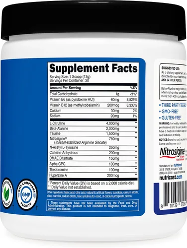 Vista 5 de Nutricost Polvo de pre-entrenamiento complejo (30 porciones, frambuesa azul) - Suplemento pre-entrenamiento con beta-alanina, taurina y aminoácidos