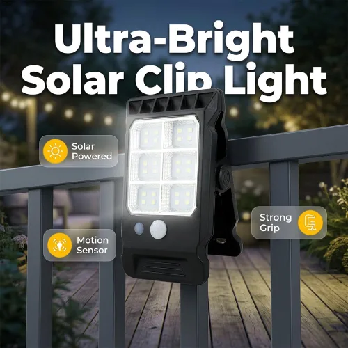 Vista 2 de Luz solar con clip con sensor de movimiento, luces USB con clip de carga solar 2026, luz LED recargable portátil multifuncional para campamento, luz