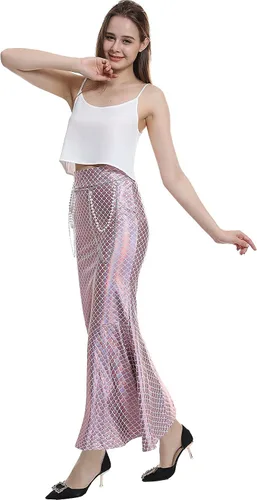 Vista 5 de ReneeCho Disfraz de sirena para mujeres adultas, traje de falda larga elástica brillante para Halloween, juego de rol, incluye cintura y cadena