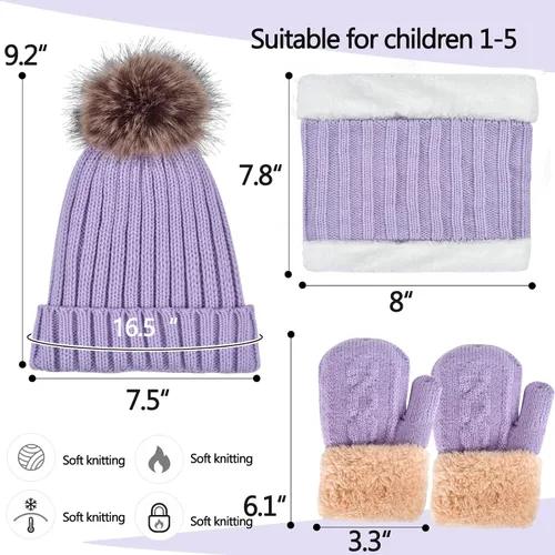 Vista 6 de Conjunto de bufanda y guantes de punto de invierno para niños y niñas con pompón