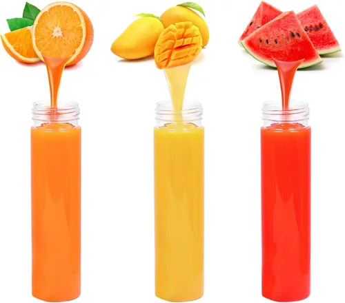 Vista 3 de Paquete de 12 botellas redondas de plástico de 16 onzas con tapas, recipientes de jugo con tapas para botella de batidos, botellas de jugo