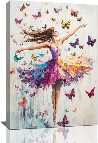 Vista 12 de Olivine Arte de Pared de Bailarina, Imágenes de Ballet de Mariposa Decoración de Pared, Impresiones Coloridas en Lienzo de Bailarina, Pintura