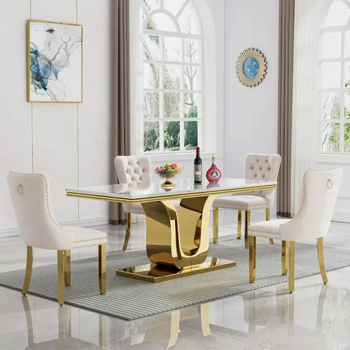 Vista 70 de Juego de mesa de comedor de mármol sintético, 7 piezas, juego de mesa de cocina y comedor para 6, mesa de comedor rectangular blanca de 70 pulgadas