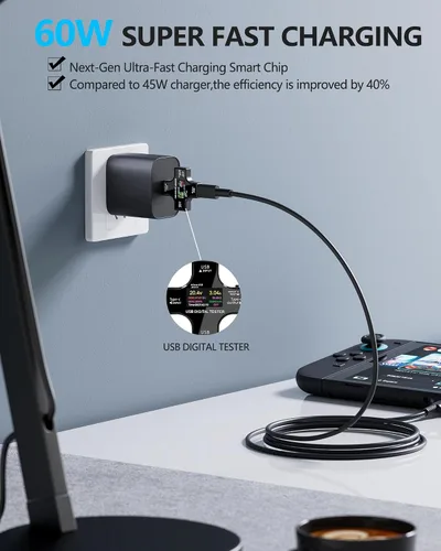 Vista 5 de Cargador de 60 W para Nintendo - Adaptador de CA Switch 2, carga rápida de 20 V 3 A con cable USB C de 5 pies para Switch, Lite, OLED, Steam Deck