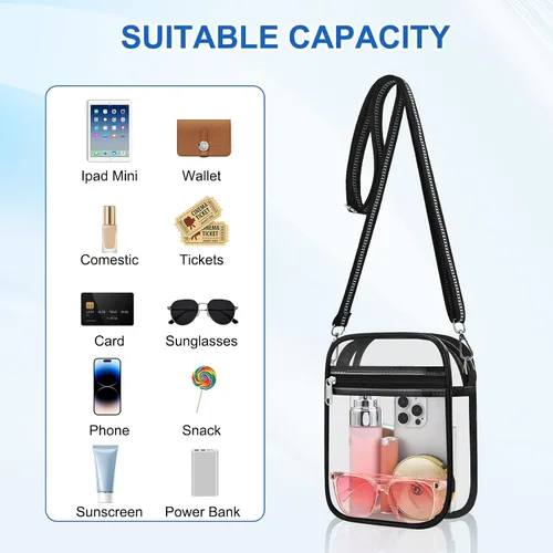 Vista 5 de Bolsa transparente para eventos de estadio, bolso cruzado transparente para hombres y mujeres, bolsa de mensajero para conciertos, festivales