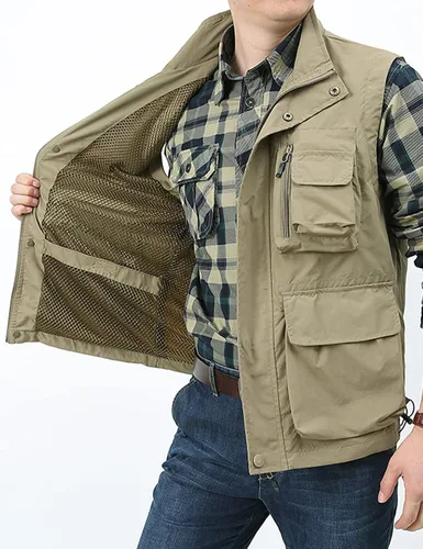 Vista 5 de Gihuo Chaleco utilitario para hombre, versátil, para verano, trabajo, safari, pesca, chaleco de carga con múltiples bolsillos