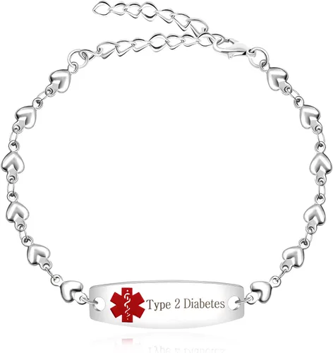 Vista 11 de Pulsera de símbolo médico de plata grabada con láser, alerta de salud grabada en forma de corazón, adecuada para primeros auxilios de emergencia