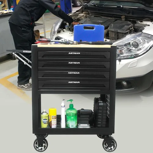 Vista 2 de Caja de herramientas con ruedas de 4 cajones, carrito de almacenamiento de herramientas con parte superior de madera, caja de herramientas