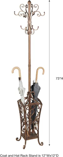 Vista 3 de Touch of Class Kensington - Perchero y sombrero, acabado dorado antiguo Metal Rack, Scrollwork Design, Eight Hanging Hooks, Bottom Umbrella