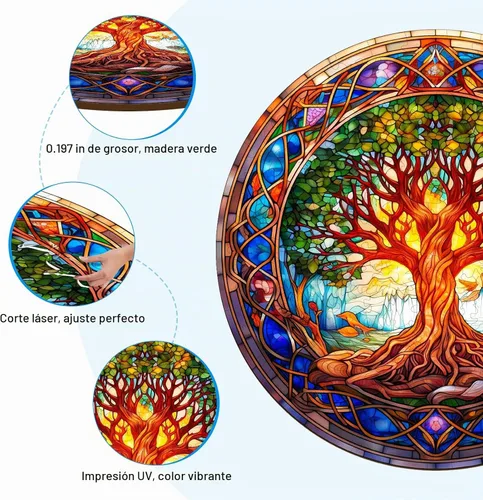 Vista 2 de Rompecabezas de madera para adultos - Rompecabezas de madera de árbol de la vida de vidrio manchado - Rompecabezas de madera con forma única Árbol