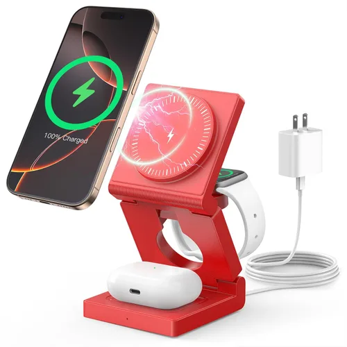Vista 9 de Estación de carga inalámbrica 3 en 1 para múltiples dispositivos Apple - Cargador inalámbrico magnético plegable para viajes - Cargador de 18W