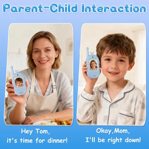 Vista 6 de Walkie Talkies de video para niños, paquete de 2 walkie talkie recargables con cámara y pantalla, radio de 2 vías de largo alcance