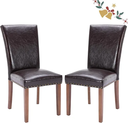 Vista 37 de Juego de 2 sillas tapizadas de tela para comedor, sillas de cocina estilo Parsons con ribete de cabeza de clavo y patas de madera - Beige