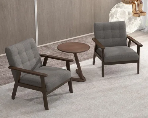 Vista 13 de Silla decorativa moderna con reposabrazos, silla de ocio tapizada de tela de lino con botón de respaldo y marco de madera para sala de estar, Beige