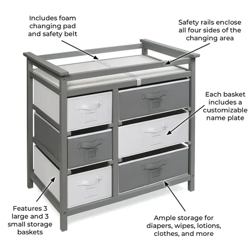 Vista 6 de Badger Basket Cambiador de bebé moderno con 6 cajones de almacenamiento y almohadilla - gris Modern changing table with pad, safety belt, 6