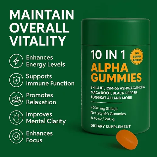 Vista 3 de Gomitas True Alpha Shilajit 10 en 1, 4000 mg de gomitas alfa del Himalaya para hombres, impulso de energía, apoyo inmunológico, con ashwagandha