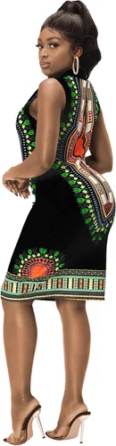 Vista 5 de Vestidos africanos para mujer, estilo bohemio, dashiki, tribal, vintage, étnico, midi Negro