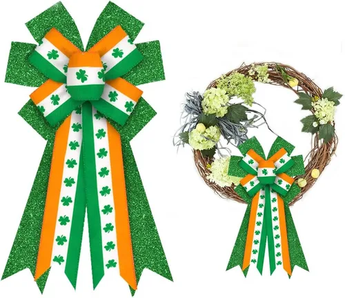 Vista 6 de Estivaux Arcos grandes del día de San Patricio para corona, lazos de corona de trébol irlandés, lazos de hojas de trébol verde, lazos de arpillera