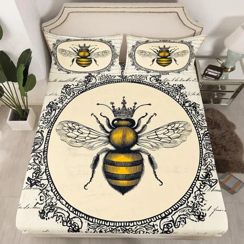 Vista 12 de Erosebridal Honey Bee - Juego de sábanas bajeras negras y doradas, tamaño individual, diseño geométrico de panal de abeja para niños y niñas, funda