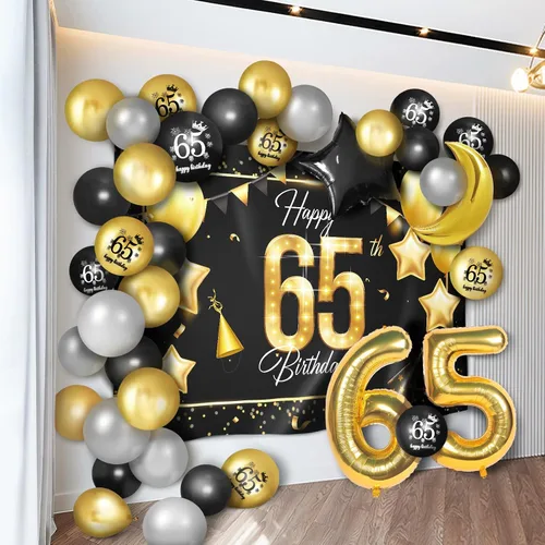 Vista 18 de Juego de globos dorados de feliz cumpleaños número 10 – Saludos a los 10 años de edad, guirnalda temática de fiesta con estrellas y luna, decoración