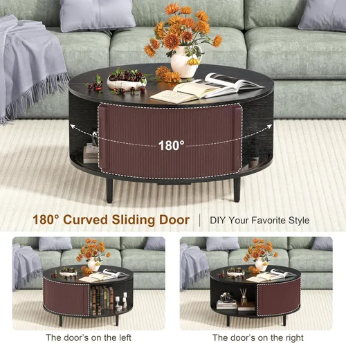 Vista 6 de Round Coffee Table, 31.5" Fluted Center Table with Storage, Lift-Top Coffee Table with Adjustable Footpads, Sliding Door, Mid-Century Modern Center