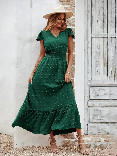 Vista 3 de PRETTYGARDEN - Vestido bohemio de manga corta con cuello en V y plumetí con volantes, vestido maxi fruncido de cóctel