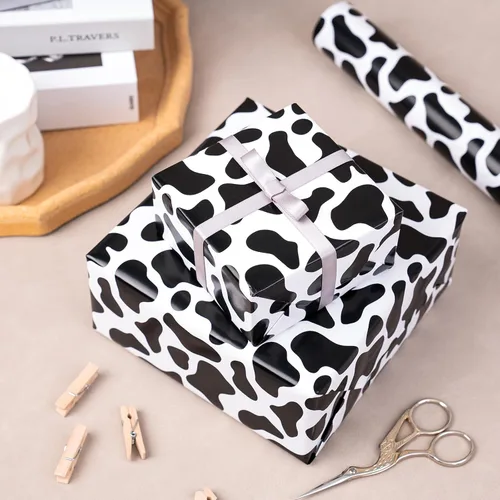 Vista 4 de WRAPAHOLIC Rollo de papel de regalo de vaca, mini rollo, 17 pulgadas x 33 pies, diseño de estampado de vaca, perfecto para bodas, cumpleaños Blanco