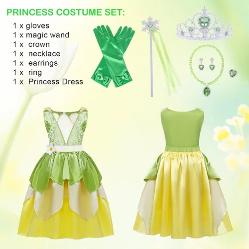 Vista 6 de COTRIO Vestido de princesa de rana de hada verde para niñas, fiesta de cumpleaños, disfraces de elfo de Halloween con accesorios