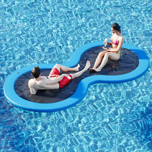 Vista 23 de Muelle flotante inflable redondo de 6 a 12 pies, anillo de flotador Sunchill, hamaca de agua para broncear flotadores de piscina con tela tejida
